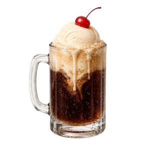 Peut inclure: Une chope en verre remplie de soda brun foncé gazeux surmontée d'une grosse boule de glace à la vanille crémeuse. La glace fond le long des parois de la chope, créant une mousse épaisse, et est garnie d'une unique cerise rouge vif.
