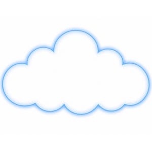 Op de afbeelding: Een witte wolkvorm met een helderblauwe omtrek. De wolk heeft een pluizig, cartoonachtig uiterlijk, met afgeronde randen en een eenvoudig ontwerp. De achtergrond is effen wit.
