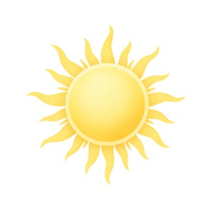 May include: A digital illustration of a yellow sun with a bright, round center and pointed rays extending outwards. The sun is depicted against a clean white background, creating a cheerful and vibrant image.