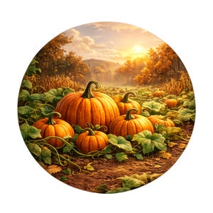 May include: A circular illustration of a pumpkin patch at sunset. Several orange pumpkins with green stems sit among large green leaves and vines on brown soil. In the background, golden trees and a bright sun glow in the hazy autumn sky.