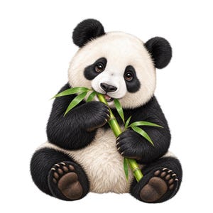 May include: A seated giant panda with black and white fur, featuring dark patches around the eyes and ears. The panda is holding a green bamboo stalk with pointed leaves in its paws, with its mouth slightly open, revealing small teeth.