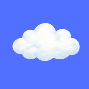 Könnte beinhalten: Ein flauschige, weiße Wolke vor einem leuchtend blauen Hintergrund. Die Wolke hat eine weiche, aquarellartige Textur und eine abgerundete Form. Das Bild erzeugt ein Gefühl von Ruhe und Gelassenheit.
