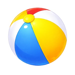 Könnte beinhalten: Ein farbenfroher Strandball mit abwechselnden roten, gelben, blauen und weißen Feldern. Der Ball hat ein gelbes Ventil und ist für den Freizeitgebrauch am Strand oder im Pool konzipiert.