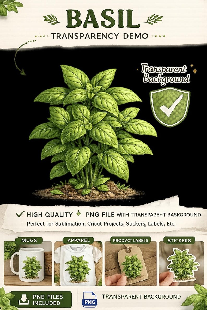 Fresh Basil Plant Clipart: Herb PNG, SVG for Kitchen Decor (digital ...