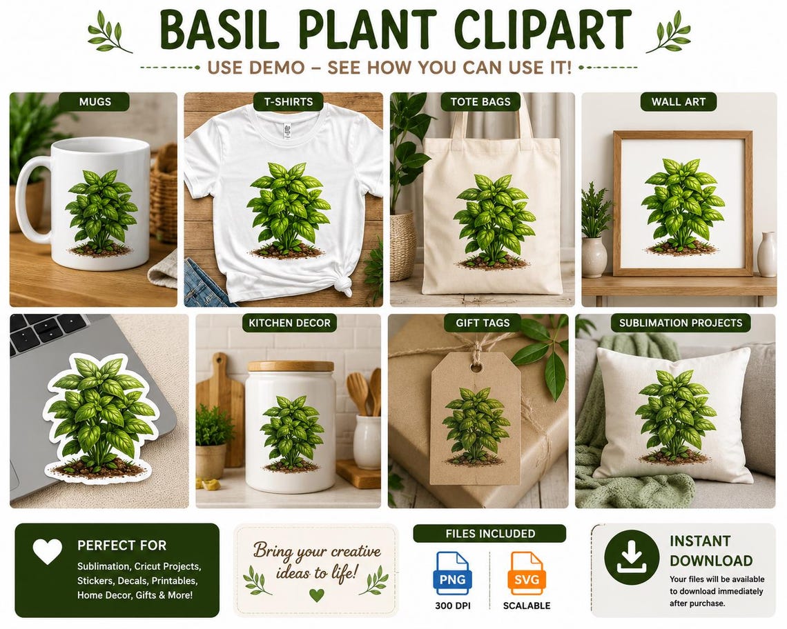 Fresh Basil Plant Clipart: Herb PNG, SVG for Kitchen Decor (digital ...