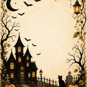 Può includere: Un bordo decorativo in carta raffigurante una casa stregata con finestre illuminate, un gatto nero, zucche, lapidi e pipistrelli sotto una luna crescente. La scena è incorniciata da alberi spogli, rampicanti con fiori arancioni e una lanterna sospesa.
