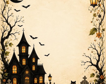 Puede incluir: Un borde de papel decorativo con una casa encantada de ventanas iluminadas, un gato negro, calabazas, lápidas y murciélagos bajo una luna creciente. La escena está enmarcada por árboles desnudos, enredaderas con flores naranjas y un farol colgante.