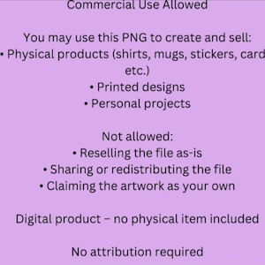 May include: A digital license document on a light purple background with black text outlining usage terms. It specifies commercial use is allowed for physical products, printed designs, and personal projects, while reselling or redistributing is prohibited.