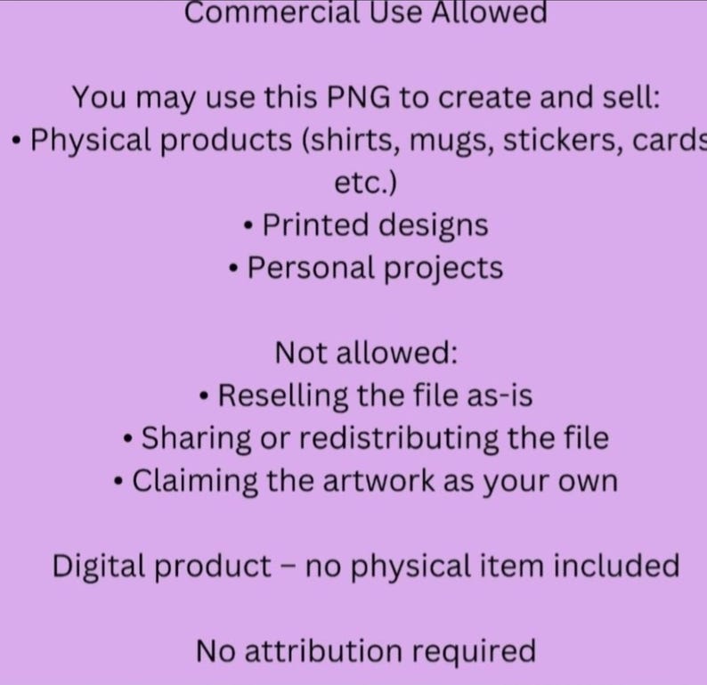May include: A digital license document on a light purple background with black text outlining usage terms. It specifies commercial use is allowed for physical products, printed designs, and personal projects, while reselling or redistributing is prohibited.