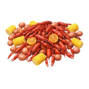 May include: A pile of cooked crawfish, red potatoes, corn on the cob, and lemon wedges. The crawfish are bright red, and the corn is yellow. The potatoes are small and round. A delicious seafood boil.