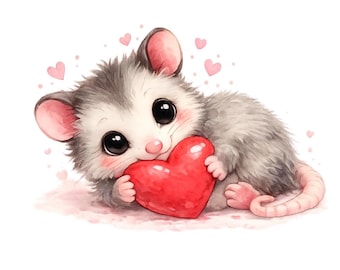 Woodland Possum PNG Clipart with Red Heart – Valentine Opossum Watercolor Graphic