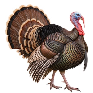 Puede incluir: Un pavo salvaje macho de pie de perfil con las plumas de la cola desplegadas. El ave presenta un plumaje iridiscente de color marrón oscuro, negro y bronce, una carúncula y un moco de color rojo brillante, y una cabeza azulada con piel texturizada.