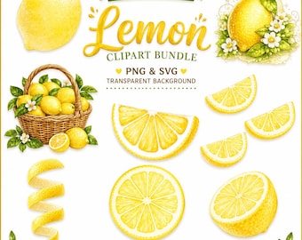 Watercolor Lemon Clipart Bundle with 8 Designs for Summer Crafts PNG SVG