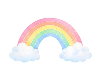 Aquarell Regenbogen PNG mit sanften Pastellfarben und Wolken für Handwerk und Sublimation