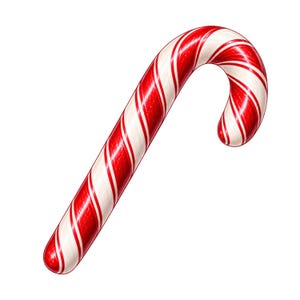 May include: A classic candy cane featuring a smooth, glossy surface with alternating diagonal stripes of vibrant red and crisp white. The hard candy is shaped into a traditional hook at the top, tapering slightly toward the rounded bottom end.