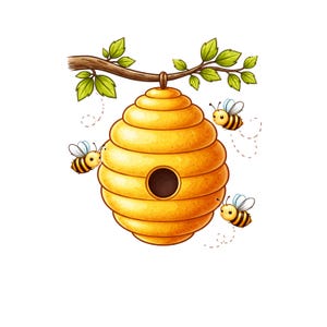 Puede incluir: Ilustración de dibujos animados de una colmena amarilla colgando de una rama de árbol con hojas verdes. Tres abejas de dibujos animados con rayas negras y amarillas y alas azules vuelan alrededor de la colmena.