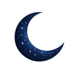 May include: A crescent moon illustration in dark blue, filled with white stars of varying sizes. The moon has a textured appearance, with a gradient from dark to light blue. The stars are scattered across the moon's surface, creating a celestial theme.