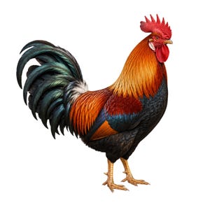May include: A vibrant illustration of a rooster with a red comb and wattle, orange and gold feathers on its neck and chest, and a black and teal tail. The rooster stands on yellow legs against a white background.