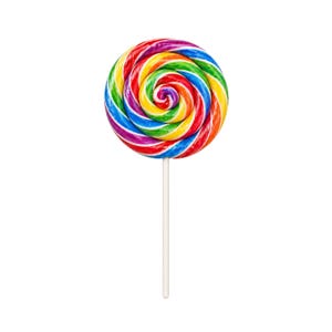 May include: A large, colorful lollipop with a spiral design. The candy features a vibrant array of colors, including red, orange, yellow, green, blue, and purple. It is mounted on a white stick, creating a classic candy appearance.