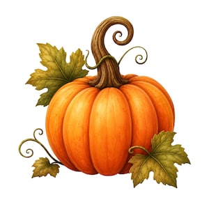 May include: A vibrant orange pumpkin with a brown stem and green leaves. The pumpkin is round with vertical ridges, and the stem curls at the top. The leaves are detailed with green and yellow hues, suggesting a fall theme.
