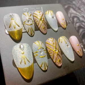 Boho Handpaint Gold Mirror Brick/Silver-Pink Glitter Cat Eye/Rhinestone Presson Nail|Handmade Fake Nail|Reusable|Elegant|Hollow|Hippie Nail