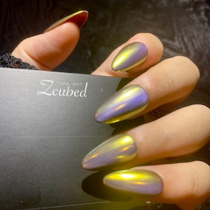 Yellow-Gold Metallic Mirror Glossy/Baby Lavander Cat Eye Presson Nail|Handmade Fake Nail|Reusable|Mother Day|Party|Punk|Daily|Cool Nail