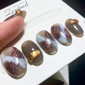 Artistic Gold 3D Acrylic/Bronze-Doe Mudged Presson Nail|Handmade Fake Nail|Reusable|Mother Day|Elegant Nail|Daily|Classic|Vintage|Short