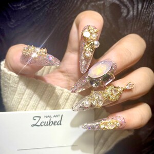 Palace Pearl & Pink Chrome Gold Rhinestone Presson Nail|Handmade Fake Nail|Reusable| Mother&#39;s Day|Majesty Nail|Bling|Event|Party|Wedding