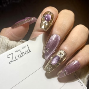 Purple Light Chasing Cat Eye Gold Glide Rhinestone Presson Nail|Handmade Fake Nail|Reusable|Daily Nail|Bling|Party|Event|Elegant|Classic
