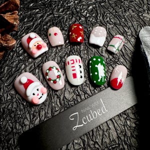 3D Acrylic Santa Claus/Handpainted Wreath-Scarf-Trinket/Christmas Presson|Handmade Nail Art|Reusable Glue on|Gift for Her|Cute|Holiday Nail