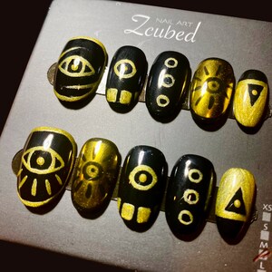 Exotic Pharaoh Gold Cat Eye Black Presson Nail|Handmade Fake Nail|Reusable Glue on|Mother Day|Cool Nail|Daily Nail|Cute Nail|Handpaint Nail