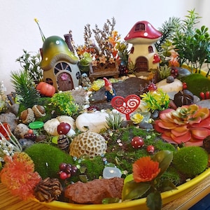 May include: A miniature fairy garden scene with two mushroom houses, a gnome, and various plants and decorations in a yellow planter.