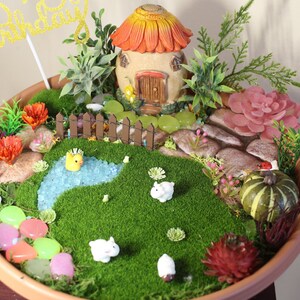 May include: A miniature fairy garden scene in a terracotta pot with a small house, a fence, a pond, and white bunnies. The garden is decorated with green moss, colorful stones, and a pink succulent.