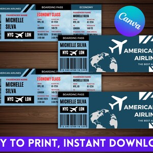 May include: A printable boarding pass template for American Airlines. The template features a blue and white colour scheme with a globe graphic and the text "American Airlines, The Best Airlines Ever".