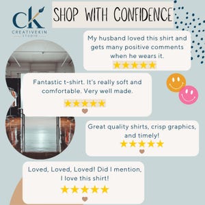 Może przedstawiać: Obraz przedstawia logo Creativekin Studio i tekst &bdquo;SHOP WITH CONFIDENCE&rdquo;. Recenzje klient&oacute;w są wyświetlane w dymkach, z frazami takimi jak &bdquo;Fantastic t-shirt&rdquo; i &bdquo;Great quality shirts&rdquo;. Zawiera r&oacute;wnież grafiki z uśmiechniętymi buźkami.