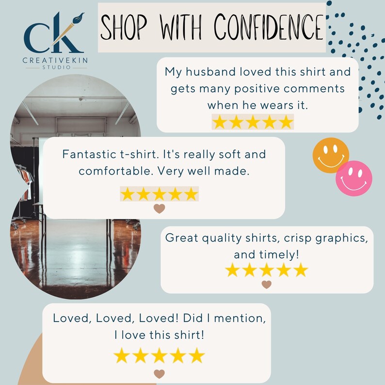 Może przedstawiać: Obraz przedstawia logo Creativekin Studio i tekst &bdquo;SHOP WITH CONFIDENCE&rdquo;. Recenzje klient&oacute;w są wyświetlane w dymkach, z frazami takimi jak &bdquo;Fantastic t-shirt&rdquo; i &bdquo;Great quality shirts&rdquo;. Zawiera r&oacute;wnież grafiki z uśmiechniętymi buźkami.