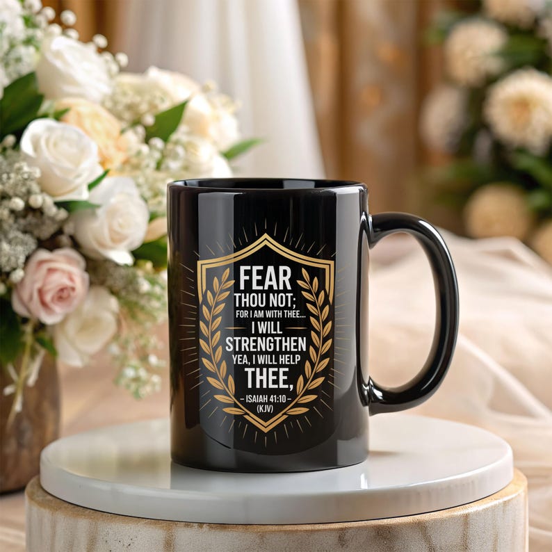 Może przedstawiać: Czarny ceramiczny kubek ze złotym wzorem tarczy i napisem "FEAR THOU NOT; FOR I AM WITH THEE... I WILL STRENGTHEN YEA, I WILL HELP THEE, -ISAIAH 41:10- (KJV)". Kubek ma czarny uchwyt i stoi na białej powierzchni.