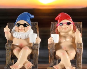 Funny Naked Gnome Figurines 2 Pack | Resin Rocking Chair Middle Finger Garden Decor | Naughty Gnome Gift for Home Office Yard