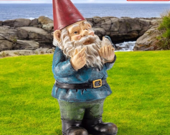 Whimsical Garden Gnome with Bird: Colorful Outdoor Statue, 12" Polyresin Decor