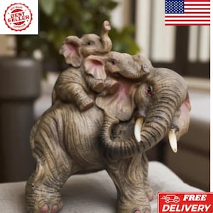 Hand-Painted Elephant Family Statue: Wildlife Figurine Home Decor