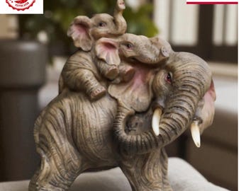 Hand-Painted Elephant Family Statue: Wildlife Figurine Home Decor