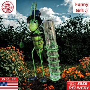 Grasshopper Rain Gauge Stake – Metal Garden Decor – Outdoor Yard Ornament Gift