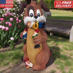 Funny Garden Gnome with Puppy: 10.5&quot; Resin Lawn Statue