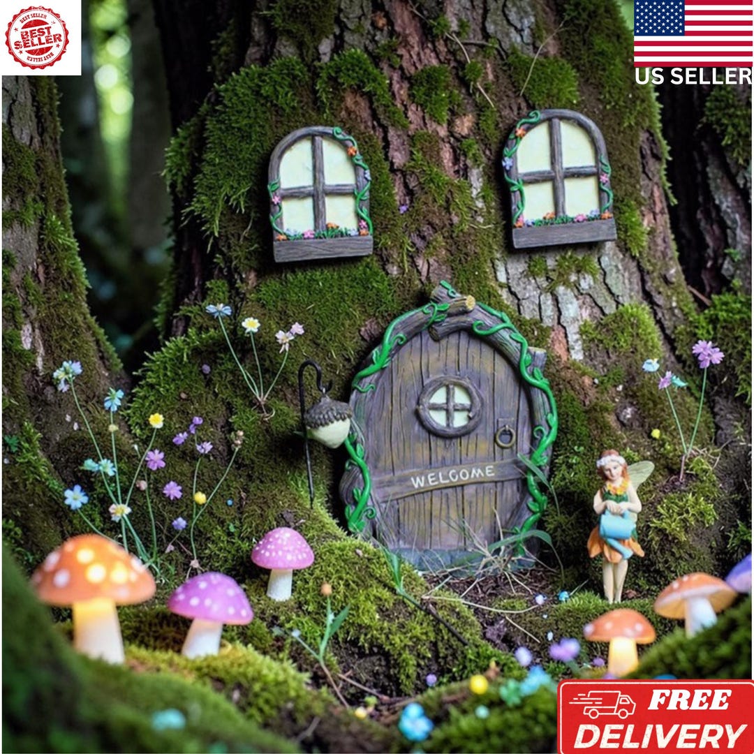 Mini Fairy Door Window Set With Lamp, Glow Garden Tree Decor - Etsy