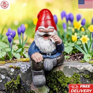 May include: A garden gnome figurine featuring a red pointed hat, a long white beard, and a blue jacket. The gnome is depicted with a smiling expression, holding a small white cylindrical object near its mouth, and wearing brown trousers.