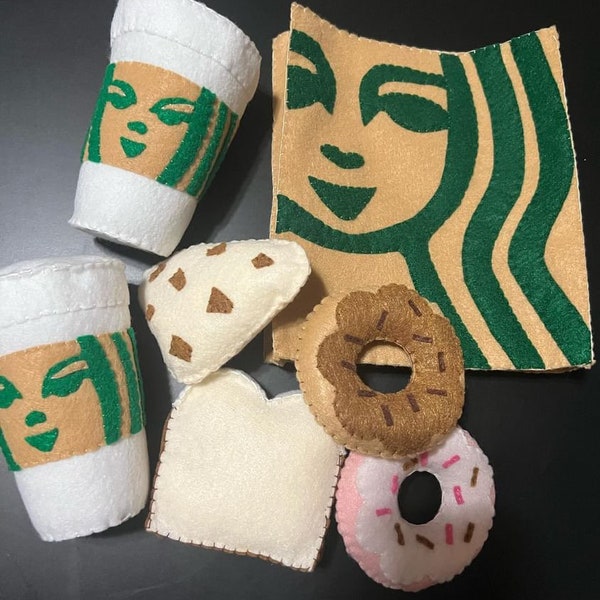 Felt Starbucks Pretend Play Food Set, includes 2 Coffee Cups, 2 Doughnuts, 1 Scone, and a Breakfast Sandwich! With To-Go Bag!