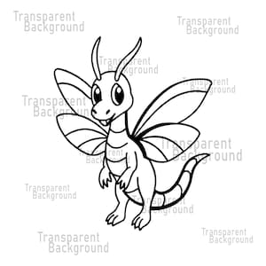 May include: A black and white cartoon dragon with large wings, curved horns, and a long tail. The dragon has a friendly expression and is standing upright. The image is a line drawing on a transparent background, suitable for various design applications.