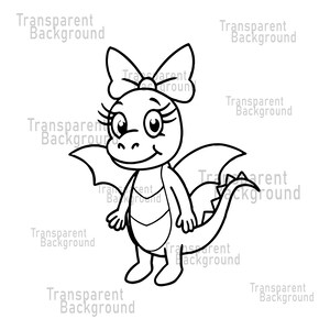 May include: A black and white cartoon illustration of a friendly dragon with a bow on its head. The dragon has large eyes, wings, and a long tail. The image is designed with a transparent background.