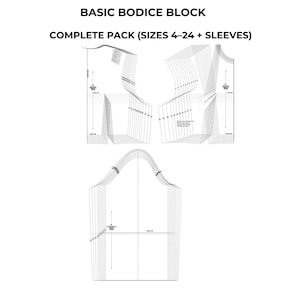 Peut inclure: Illustration blanche d'un patron de base de corsage avec le texte "BASIC BODICE BLOCK" et "COMPLETE PACK (SIZES 4-24 + SLEEVES)". Le patron comprend des pièces avant, arrière et de manches, avec des lignes et des marquages détaillés.