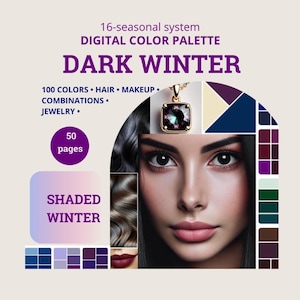Dark Winter Color Palette. Color analysis. 16-seasons. Deep Winter Digital Palette. Makeup, hair, jewelry, metals colors.